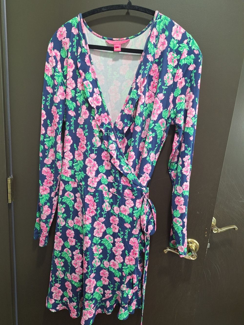 Lilly Pulitzer Navy Floral Wrap Dress Build In Shorts with Pink & Green Accents - Picture 2 of 15